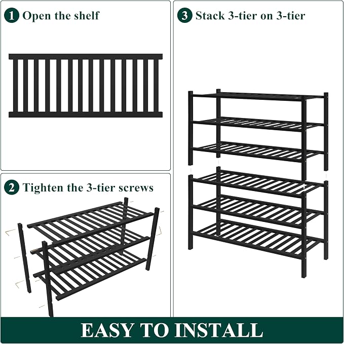 Smiry Bamboo Shoe Rack for Closet, 6 Tier Wooden Shoe Organizer, Stackable Wood Shoe Storage Shelf for Entryway, 14 Vertical Slats, 3+3 Stack Heavy-Duty Legs, 26.77"x11.02"x36.61", Black
