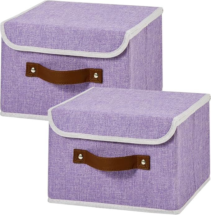 2PCS Collapsible Storage Boxes Baskets with Lid Cotton Linen Fabric Storage Bins with Faux Leather Handles Washable Cube Organizer Container for Home Closet Bedroom Purple Small Size