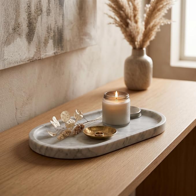 YKAJO Carrara White Gray Oval Marble Tray, 11.8x5.9 Perfume Organizer Dish | Honed natural stone; holds jewelry, rings, keys, candles, trinkets; for dresser, nightstand, bath counter