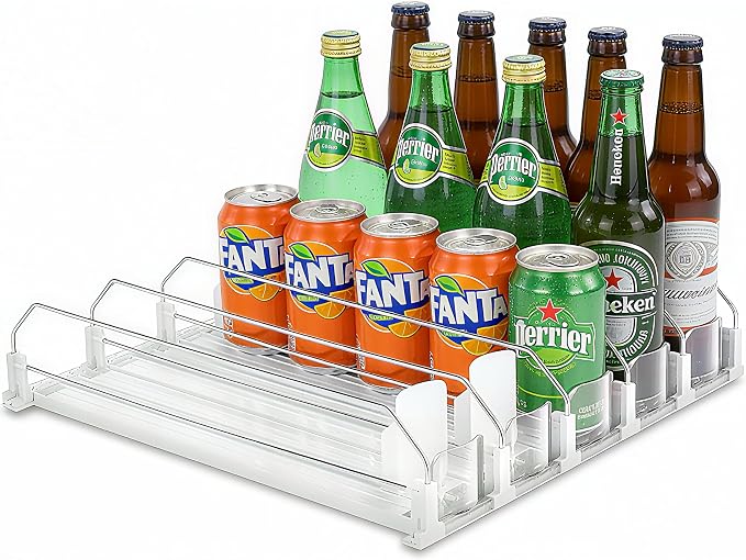 Adjustable White Fridge Organizer, Automatic Can Dispenser & Drink Rack | Holds up to 25 Cans (12oz/16oz/20oz), Gliding Soda & Beer Organizer for Refrigerator - Space Saving Kitchen Storage