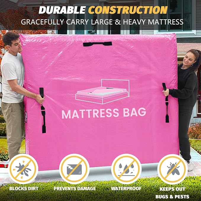 Mattress Bags for Moving and Storage, BETU Twin Mattress Protector Waterproof Mattress Cover with 8 Heavy Duty Handles and Zipper Extra Thick Moving Supplies for Dorm Bed Reusable (77x42x13.5 Pink)