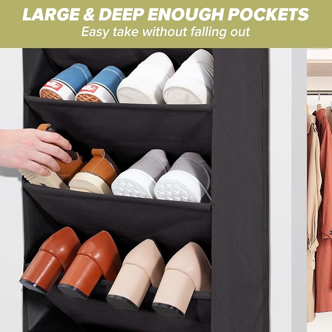 4 Pack Shoe Organizer with 6 Extra Large Pockets and 4 Large Pocket, Over the Door Sturdy Closet Storage Rack, Hanging Shoe Organizer for Shoes, Sneakers, Black