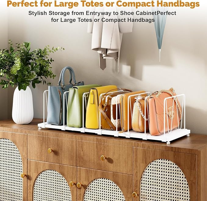 Dmevkic Extendable Purse Organizers Purse Storage. Length 15-27inch. Bag Organizer Purse Holder for Closet with 8 Adjustable Shelf Dividers（White）