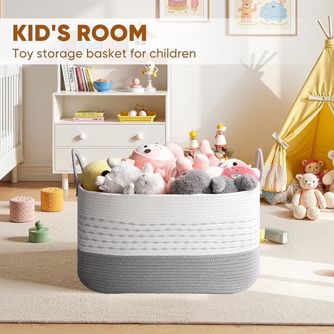 OIASKET 75L Large Cotton Rope Storage Basket, Soft Decorative Blanket Basket for Living Room & Bedroom, Boho Laundry Hamper with Handles Capable of Holding Pillows, Clothes and Toys-Grey & White