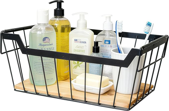 ShabbyDecor Metal Wire Basket with Handles Storage Organizer Stackable Organizing bin for Cabinet Shelf Countertop Under Sink Pantry for Kitchen,Bathroom,Laundry Closet, 1 Pack