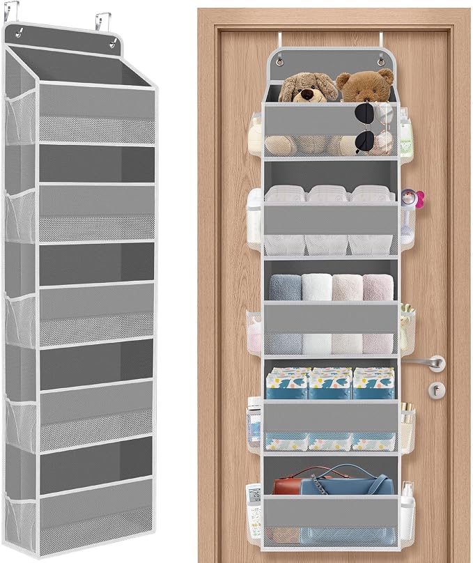 SpaceHacks 1 Pack Over The Door Organizer, Hanging Storage Organizer with Clear Window, 40lb Ultra Sturdy Large Capacity Room Organizer for Pantry Laundry Bathroom Nursery Closet Baby Essential (Grey)