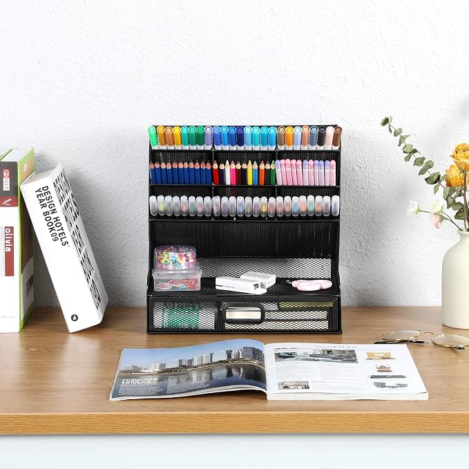 VICNOVA Mesh Desk Organizer, Pen Holder Art Supply Storage Organizer with Drawer Pen Organizer for Desk Desktop Marker Pencil Storage for Office School Home Art Supplies