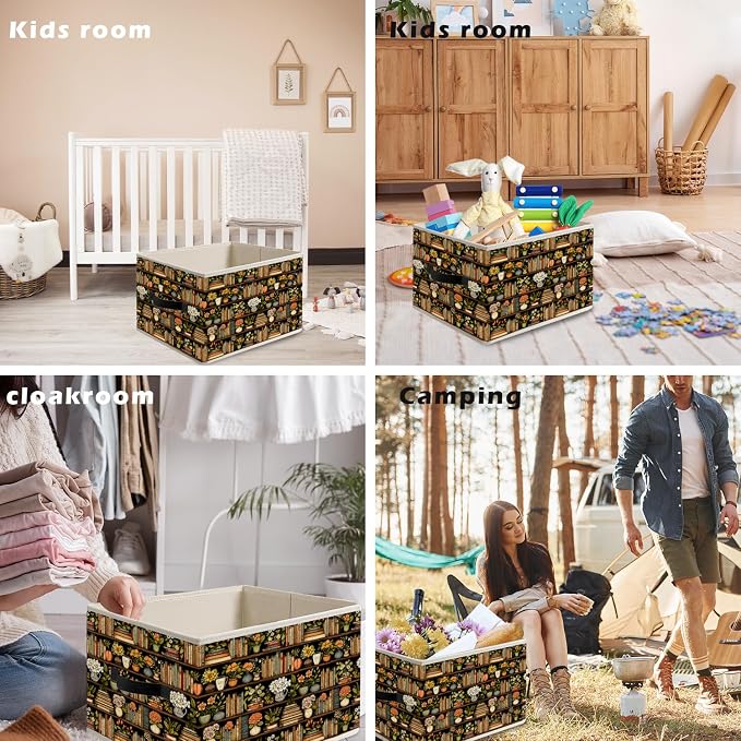 Bookshelf Book Lover Storage Bin Box with Handles, Vintage Botanical Bookish Foldable Organizer Basket Toybox for Reading Room Library Home Clothes Books