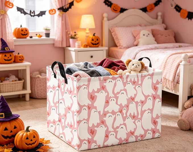 Halloween Basket Cute Baskets for Kids Pumpkin Basket Rectangular Storage Bin Organizer Box Room Decor(Pink Cute Ghost)