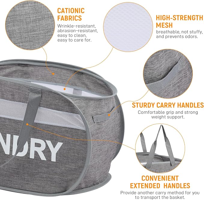 Collapsible Laundry Baskets, Foldable Clothes Hamper with Reinforced Handles, Sturdy Pop Up Hampers for Laundry, Tear Proof & Easy to Carry Laundry Hamper for Home, Apartment, Dorm, Travel Grey
