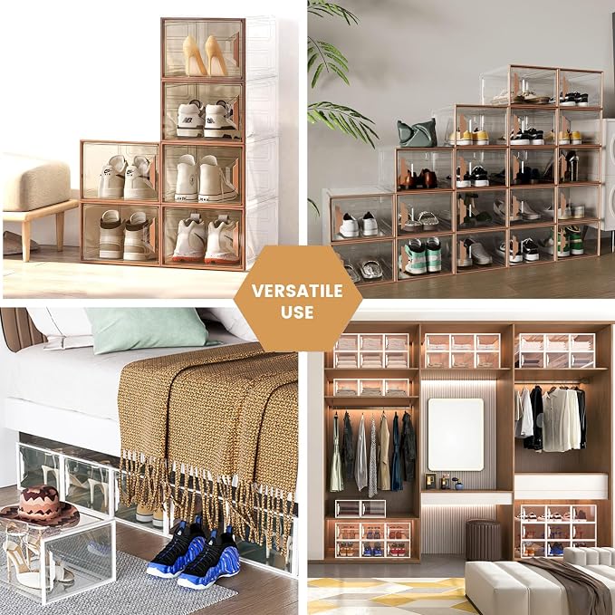 6 Pack Shoe Storage Box Organizer, Clear Thicken Stackable Plastic Shoe Boxes with Magnetic Door, Sturdy Shoe Containers for Sneakers Boots, Easy to Assemble, Fit up to US Size 12(13.2''x10.6''x7.5'')