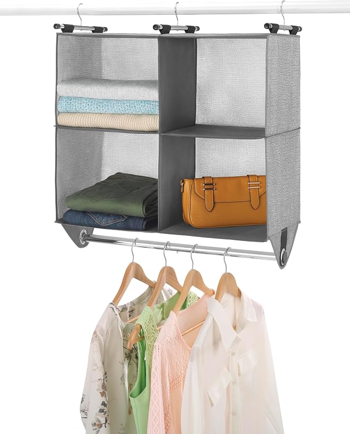 Whitmor 4 Section Fabric Closet Organizer Shelving with Built In Chrome Garment Rod