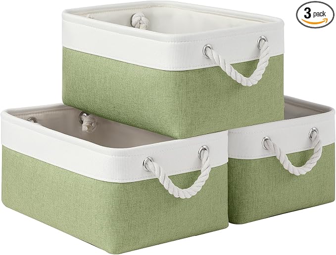 Storage Baskets for Shelves 13.8x9.8x6.7 Inch, Foldable Fabric Storage Bins with Handles, Small Storage Baskets for Organizing Closet, Office, Home Organization (3-Pack, White&Green)