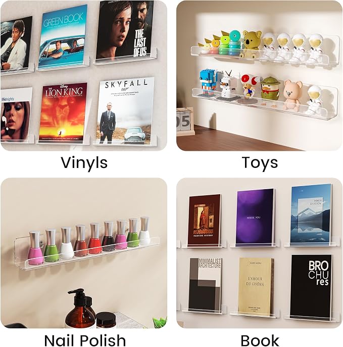 Gotega 20 Pack Vinyl Record Shelf Wall Mount, 12 inch Album Record Holder Display, Clear Acrylic Floating Shelves for Wall, Suitable for Bedroom, Living Room, Magazine Shelf, Kids Bookshelf, etc