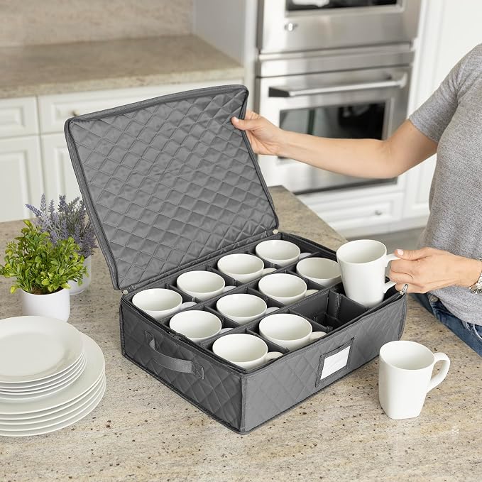 2 Pack - China Cup Storage Chests Hold 24 Coffee Cups or Mugs – Stackable Glassware Organizer with Customizable Dividers and Inner Case for Extra Protection – Gray