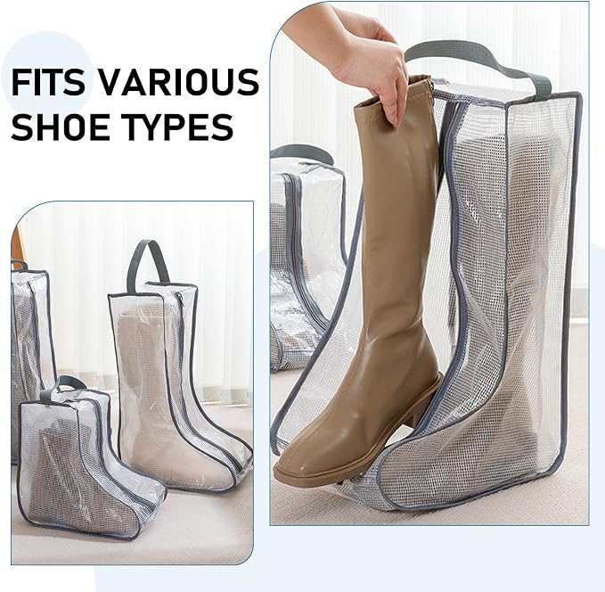 uxcell 2Pack Boot Storage Bag Portable, PVC Shoe Storage Bag with Zipper Clear Boots Cover Protector Bag for Short Boots and Short Boots Storage Travel and Daily Use, Beige Tall