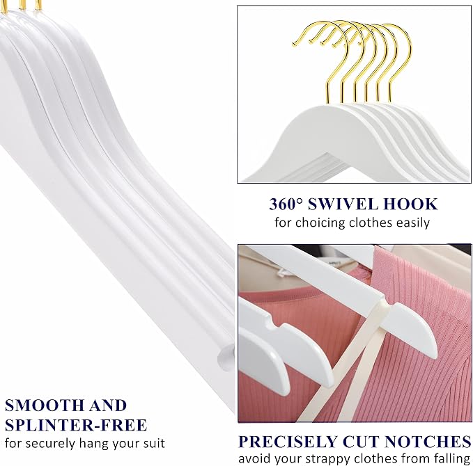 Amber Home 24 Pack White Wooden Hangers with Gold Hooks, White Wood Shirt Hangers with Notches for Dress, Coat, Bridal