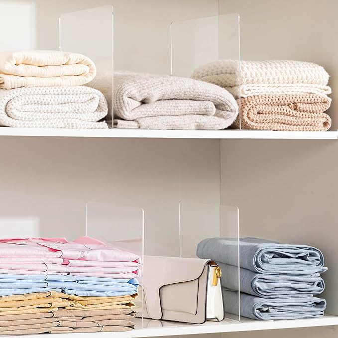 HBlife Acrylic Shelf Dividers for Closet Organization, 8 Pack Clear Sturdy Separate Closet Dividers for Shelves, Adjustable Purse Organizer for Sweater, Shirts, Handbags, Books in Bedroom and Kitchen