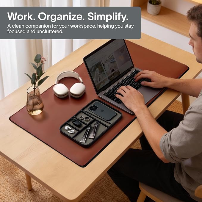 Nordik Leather Valet Tray - Pebble Black - 11.8x7.9 Inch Large Vegan Leather Tray - Stylish Nightstand Organizer for Men - Modern Bedside Caddy - EDC Catchall for Key Watch Wallet Jewellery