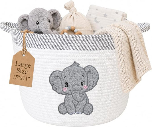 Elephant Nursery Storage Basket, Cotton Rope Toy & Blanket Organizer Bin