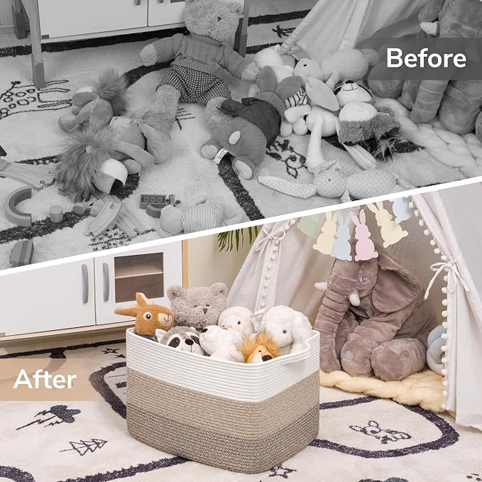 Goodpick Large Storage Basket, 18"x14"x12" Cotton Rope Organizer for Blankets, Toy Baskets Storage Kids, Rectangle Woven Basket for Living Room, Bedroom, Gradient Brown
