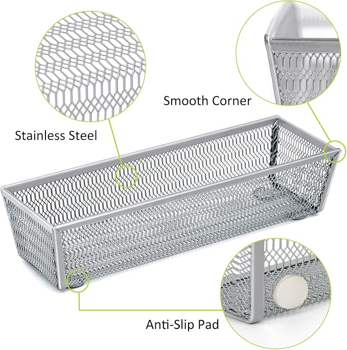 Neudeco Silverware Organizer, Silver, 9 * 3 * 2 inch, Pack 6 | Mesh Drawer Organizer, Metal Utensil Organizer, For Flatware, Knives, Spoons, Cosmetic