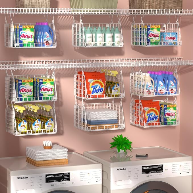 PUPPYCUTE 3-Pack Laundry Room Organization and Storage, Hanging Wire Basket for Laundry with 360°Rotating Hooks, Over Washer and Dryer Shelves, Laundry Organizers and Storage Basket, White