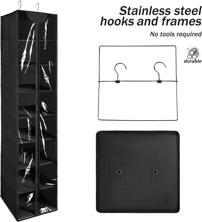 8 Tier Clear PVC Hanging Organizer With Zipper, Sweater Storage Shelves With Cover, Shoe Organizer for Closet, Black