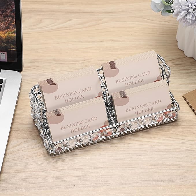 Hipiwe Silver Business Card Display Holder 2 Tiers Crystal Business Card Storage Stand with 4 Slots Office Desktop Organizer for Exhibition