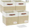 Bagnizer 13x15x13 Storage Cube Bins, Foldable Storage Organizer Baskets, Fabric Cube Storage Boxes with 2 Reinforced PU Handles for Kallax, Shelves, Living Room | 4 Pack, Beige & White