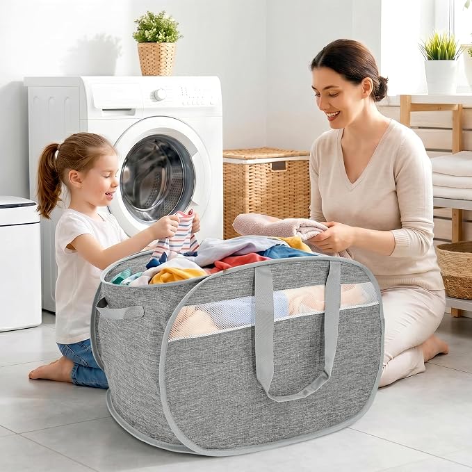 100L Collapsible Laundry Baskets, Foldable Dual Handles Laundry Hamper Grey | Lightweight, Easy to Carry, Up and Downstairs, Tear-Proof, Space-saving, for Laundry Room, Bedroom, Bathroom, Travel, Dorm