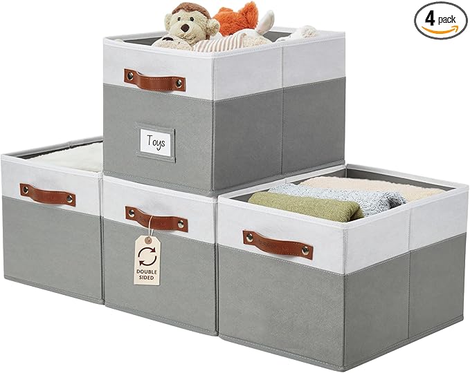 DECOMOMO Storage Bins, Storage Baskets for Shelves (Grey & White) | 4 Pack Fabric Storage Bins, 15" x 11" x 9.9" Foldable Storage Bins with Labels