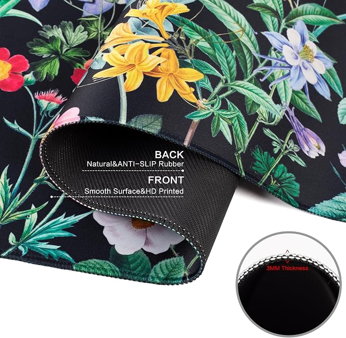 Lokigo Black Flower Desk Mat Floral Plants Mouse Pad, Wildflowers Large Gaming Mousepad Desk Pad, XXL Keyboard MouseMat Full Desktop Mat Women Office Accessories 31.5"x15.7"