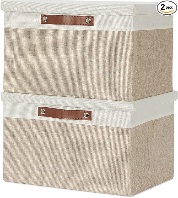 Temary Foldable Storage Bins with Lids, [2-Pack] Large Storage Baskets with Lid, Fabric Storage Bin for Organizing Home (White & Khaki, 15x11x9.5inch)