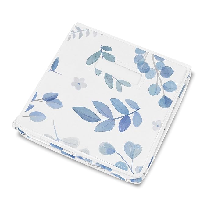 Sweet Jojo Designs Floral Leaf Boy or Girl Small Fabric Toy Bin Storage Box Chest For Baby Nursery or Kids Room - Blue Grey and White Boho Watercolor Botanical Flower Woodland Tropical Garden