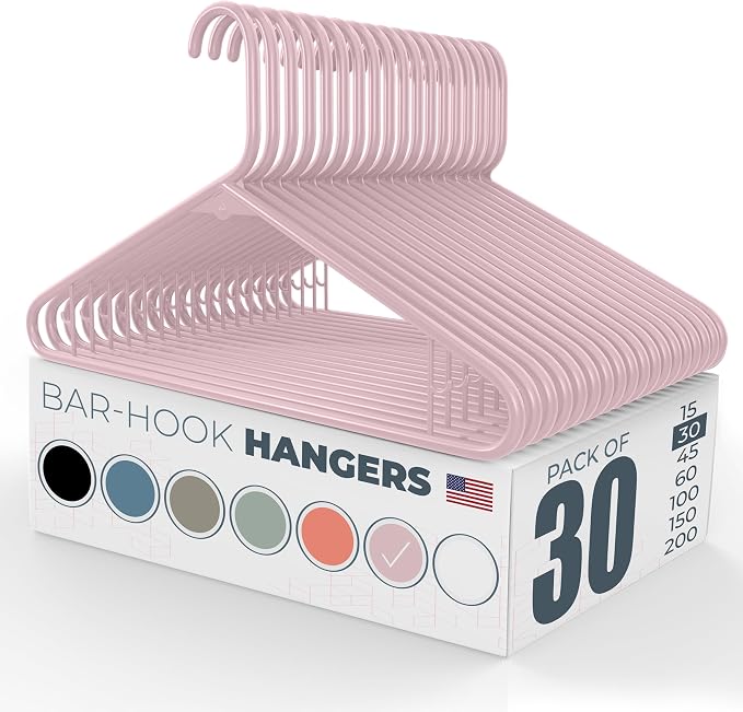 Plastic Hangers 30 Pack – Made in The USA – 6lb Capacity Standard Clothes Hangers with Strap Hooks for Dresses, Lingerie, Shirts, Pants, and Jackets – Pink