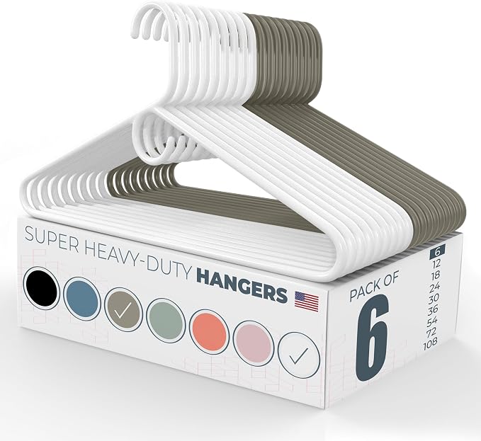 Super Heavy Duty Clothes Hangers 6 Pack – Made in the USA - 10lb Capacity, Thick Plastic Hangers for Pants, Coats, Jackets, Jeans and Adult Clothing – White & Gray
