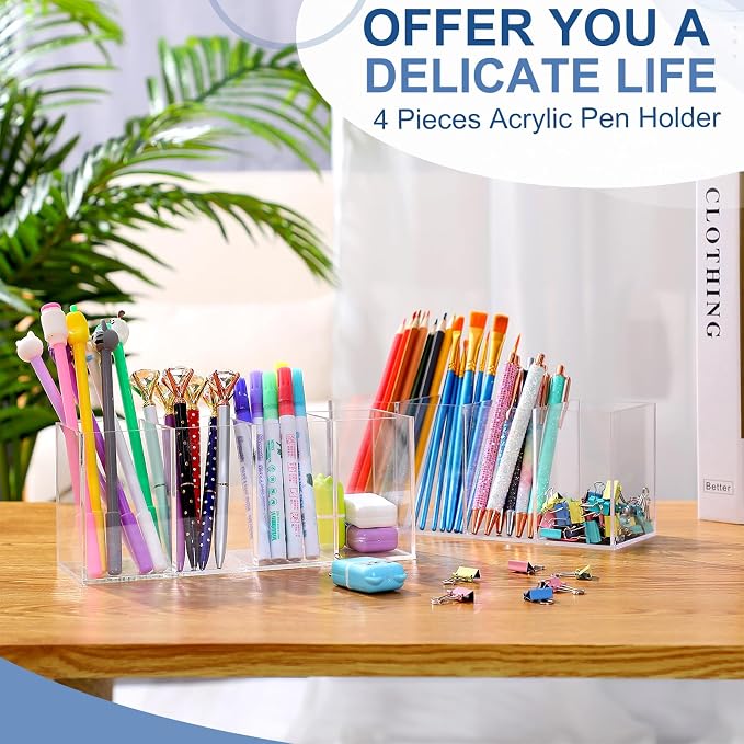 Pajean 3 Pack Clear Acrylic Pencil Holder 4 Compartments Pen Organizer for Desk Pencil Cup Makeup Brush Holder Back to School Supplies for Classroom Office Home Desk Accessories