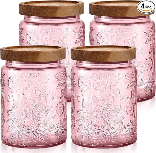LemonRoad 4 Pcs Vintage Glass Storage Jars 23.67 oz Candy Jar Canister with Solid Wood Lids Food Storage Container for Kitchen, Ground Coffee, Tea, Sugar, Decorative Mason Cookie Jars (Pink)