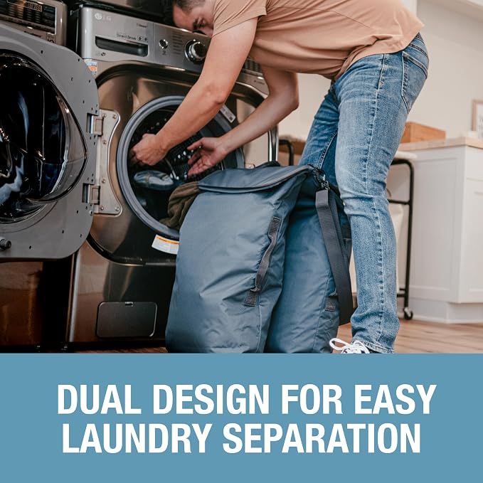 CleverMade Convertible Double Laundry Hamper, 43L, Over-the-Door, Stone | Dual compartments, bottom zippers, hooks and carry strap streamline sorting and unloading for dorms, apartments and bathrooms