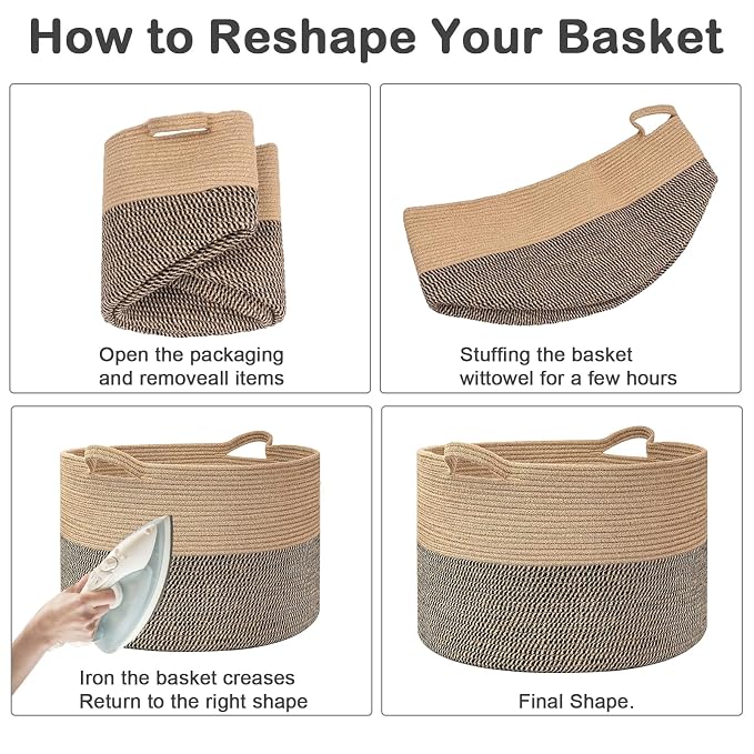 90L Extra Large Blanket Basket,Woven Rope Laundry Basket Hamper with Handles, Decorative Nursery Basket Storage Bin for Toys, Clothes Organizer, Living Room, Bedroom, Bathroom, Black