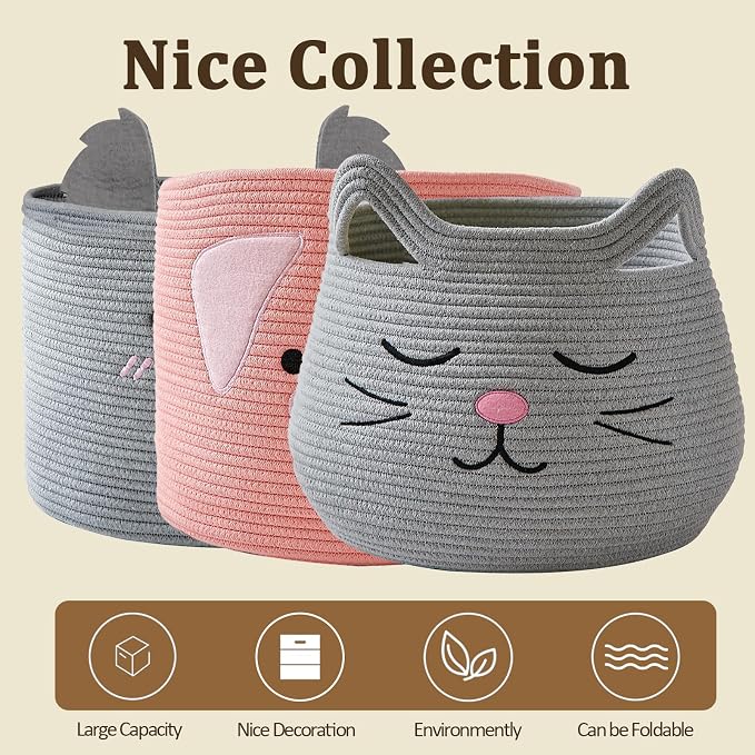 VK VK·LIVING Animal Baskets Large Woven Cotton Rope Storage with Cute Cat Design and Handles, Cat Toy Box Laundry Organizer for Towels, Blanket, Toys, Clothes, Gift for Pet or Baby Baskets 15"D x 14"H