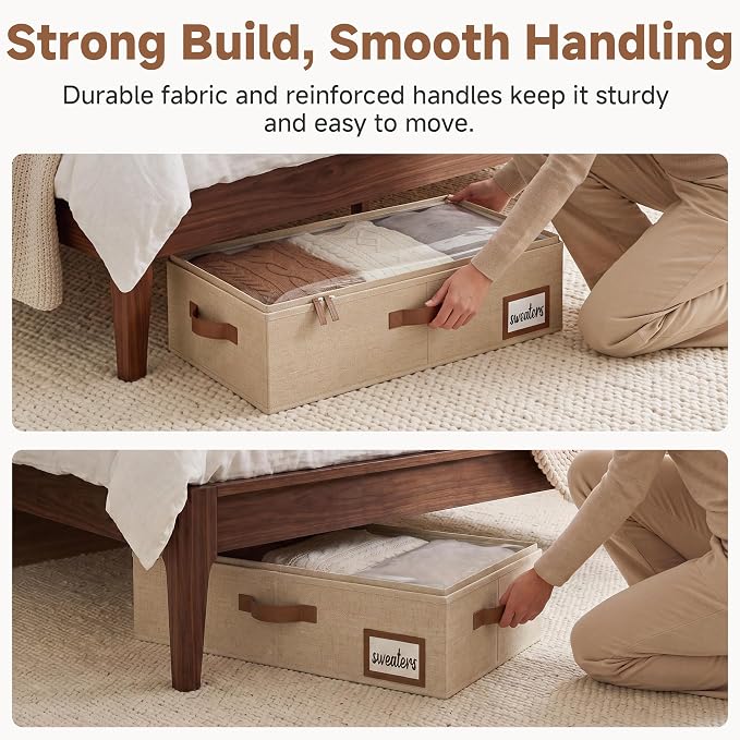 StorageWorks Under Bed Storage Containers with Handles and Label Holder, 2 Pack Ultra-thick Fabric Underbed Bins, Closet Organizer for Clothes, Blankets, Sweater