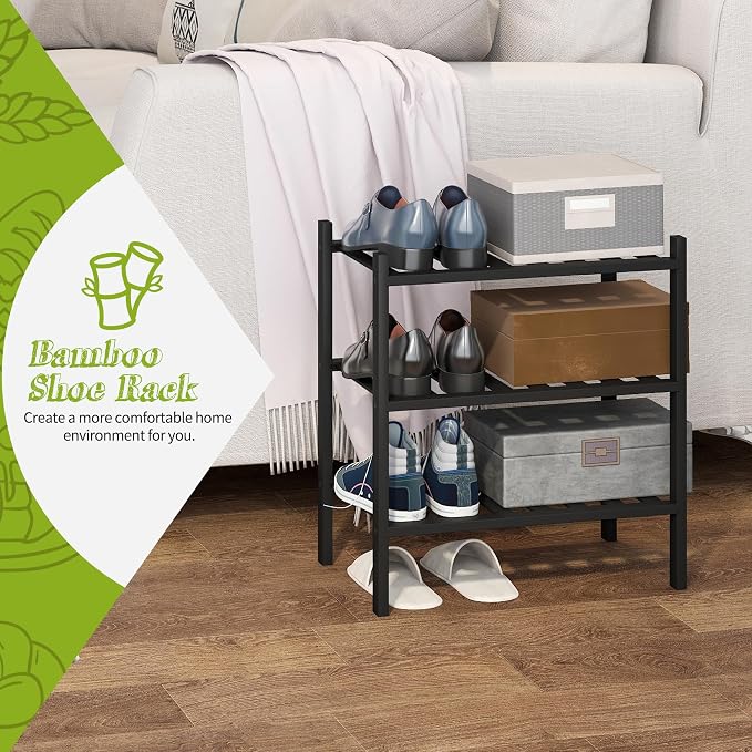 BMOSU 3-Tier Bamboo Small Shoe Rack Premium Stackable Shoe Shelf Storage Organizer for Hallway Closet Living Room Entryway Organizer (Black Bamboo)