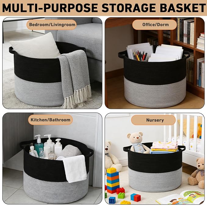 90L Extra Large Blanket Basket,Woven Laundry Basket Hamper with Handles, Decorative Nursery Basket Storage Bin for Toys, Clothes Organizer, Living Room, Bedroom, Bathroom, Black&Light Grey