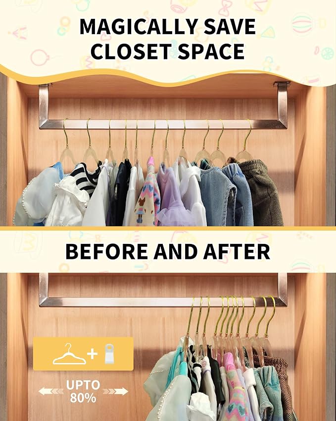 50pcs Slim Clear Toddler Hangers with 10 Connector Hooks for Kid's Closet | Swivel Golden Sparkling Baby Clothes Hangers with Gold Glitter for Infant Coat Outfit, Perchas for Children Boy Gril Nursery