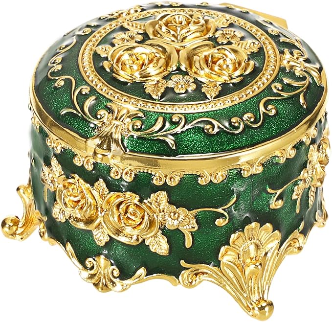 Hipiwe Vintage Jewelry Box Small Trinket Storage Organizer Box Gold Metal Chest Ring Case Treasure Chest Round Keepsake Boxes for Earrings Necklace Gift for Women,Green