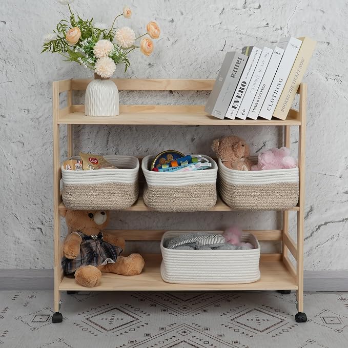 XUANGUO Small Woven Storage Baskets 13“X9”X5“ Decorative Rope Bins for Organizing Shelves, Closets, and Toys, Empty Gift Baskets, Cute Organizer Basket for Home and Office (white and brown, Large)