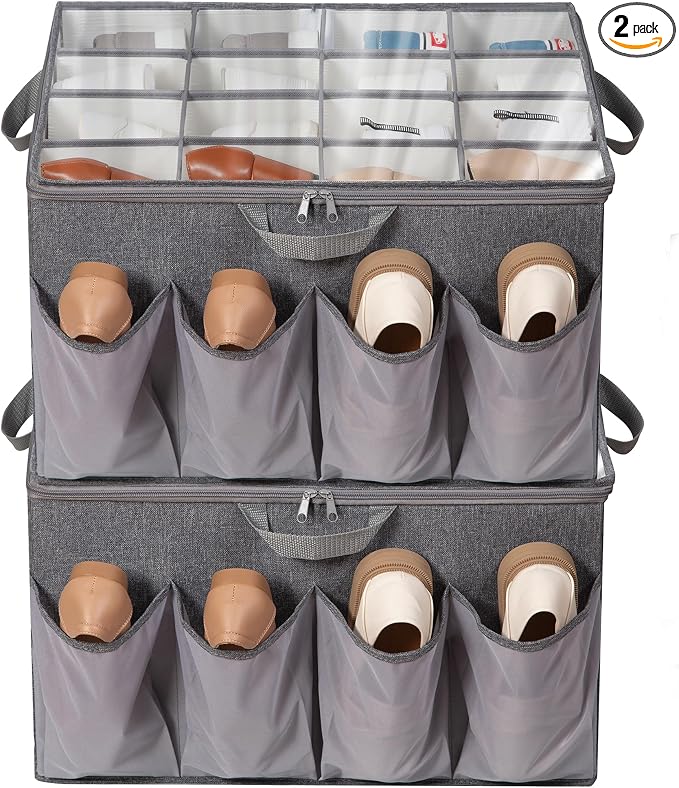 Shoe Organizer for Closet, Shoe Storage Solution with Clear Cover & Adjustable Dividers, Fabric Shoe Box Fits 16 +8 Pairs Shoes, Grey, 2-Pack