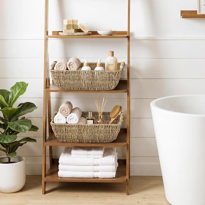 StorageWorks Hand-Woven Jumbo Storage Baskets with Wooden Handles, Seagrass Wicker Baskets for Organizing, 2-Pack